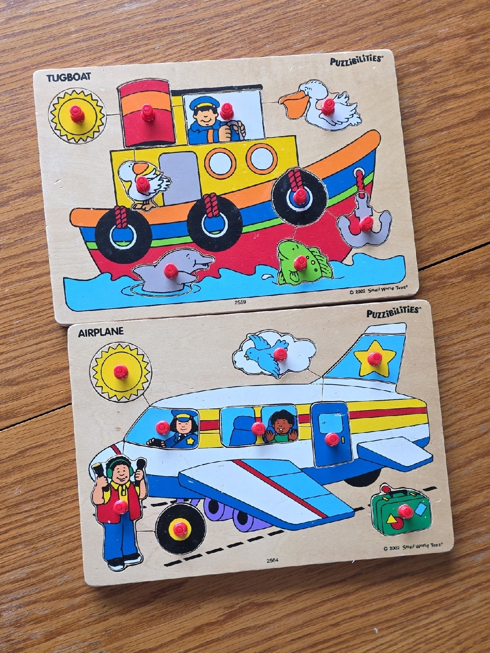 Puzzibilities Kids Tugboat & Airplane Wooden Peg Puzzles - Multicolor
